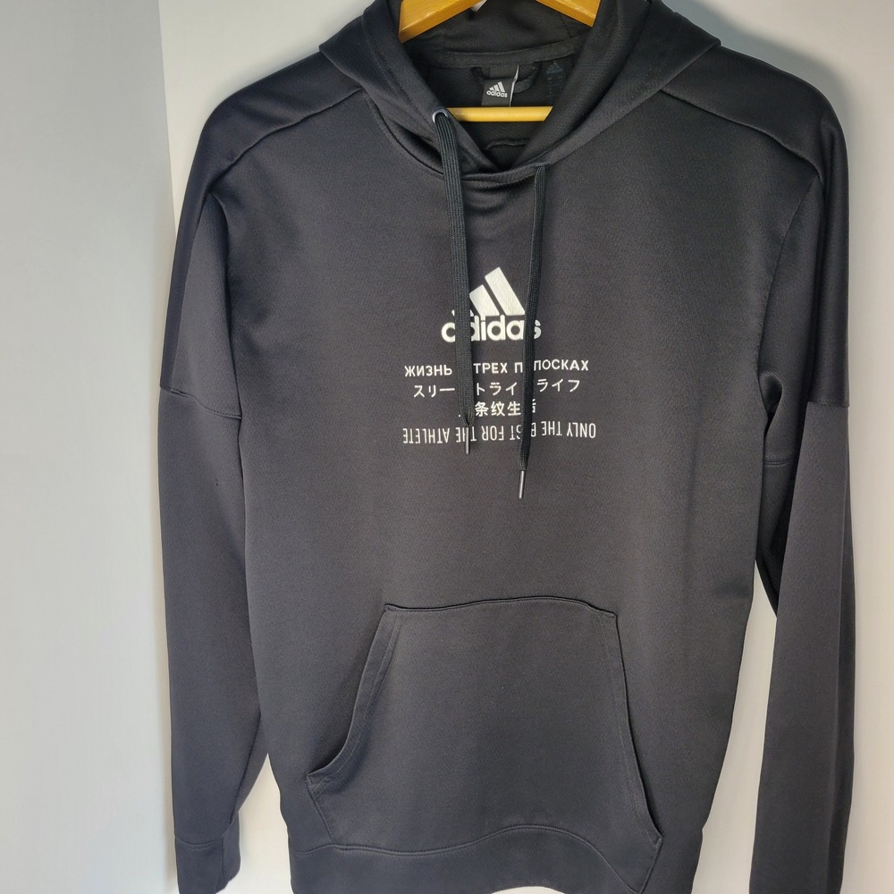 Adidas Mens Climawarm Hoodie Black Multilingual Graphic Logo Sweatshirt M